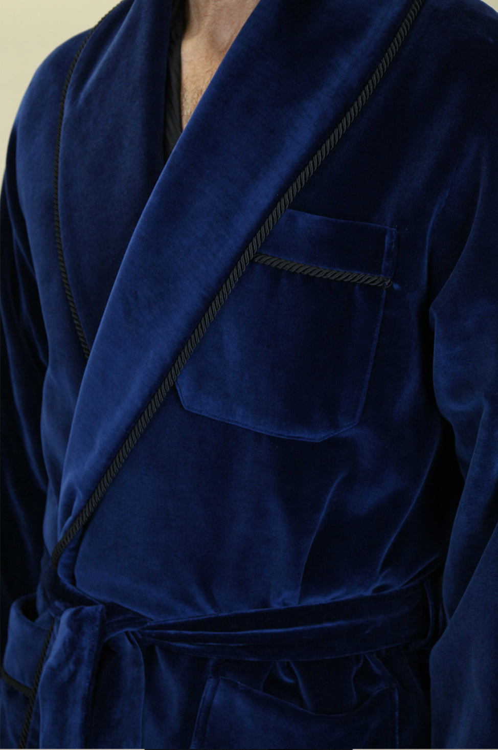 Navy Velvet Robe with Black Trim Details